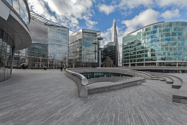 Modern architecture in a city plaza